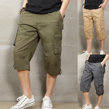 

Newly Mens Casual Cargo Shorts Below Knee Loose Fit Twill Elastic Plus Size Pants FIF66
