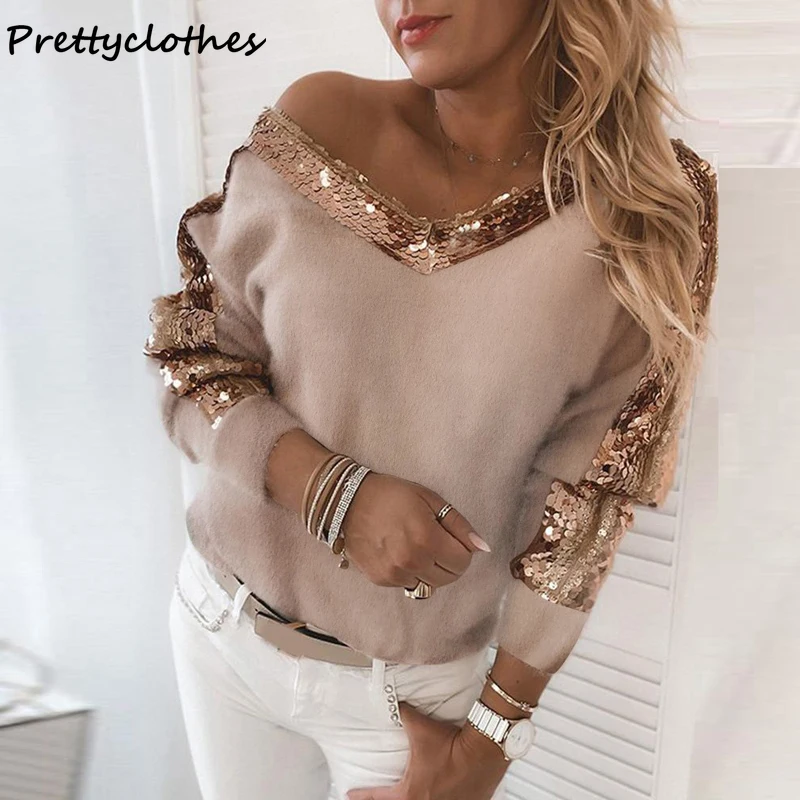 

Top Woman Pure Color Women Shirts Sequin Stitching Plush Long-Sleeved V-Neck Women's Shirt Tops Vintage Elegant Clothing Female