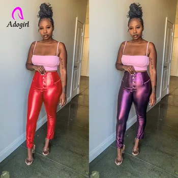 

Purple Pu Leather Work Zipper Women Pants Capris Autumn Trousers Skinny Sailor Pants Button Up High Waist Casual Pants Trouser
