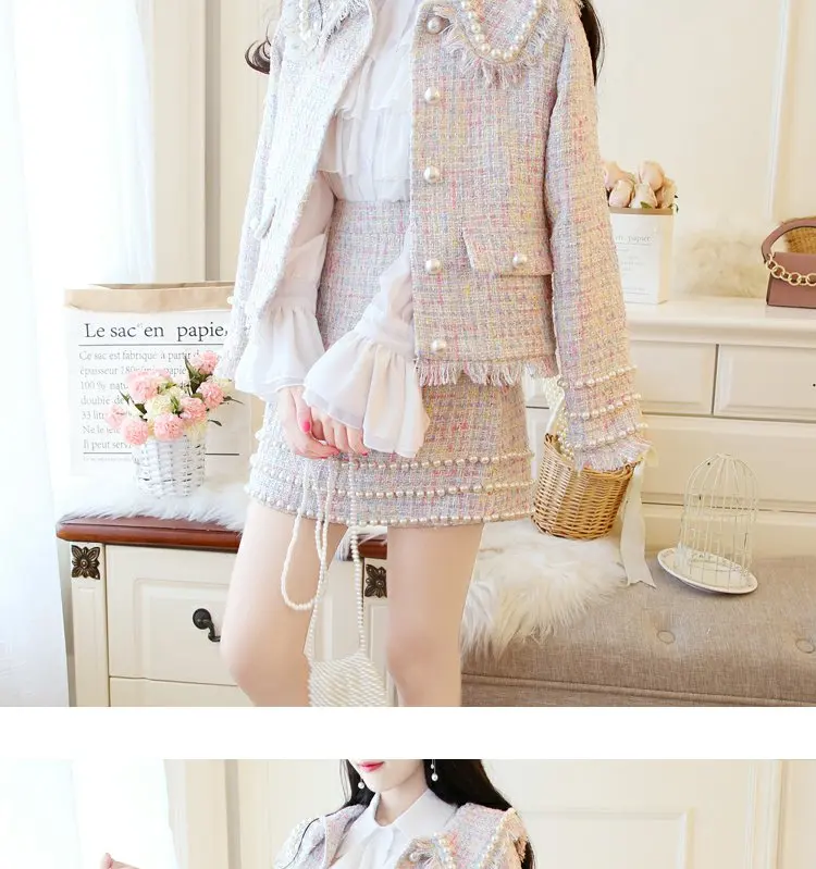 Women suits skirts and jacket 3 pieces set office suit elegant Office Ladies Formal Tweed Blazer Jacket Mini Skirt 2 Piece Set
