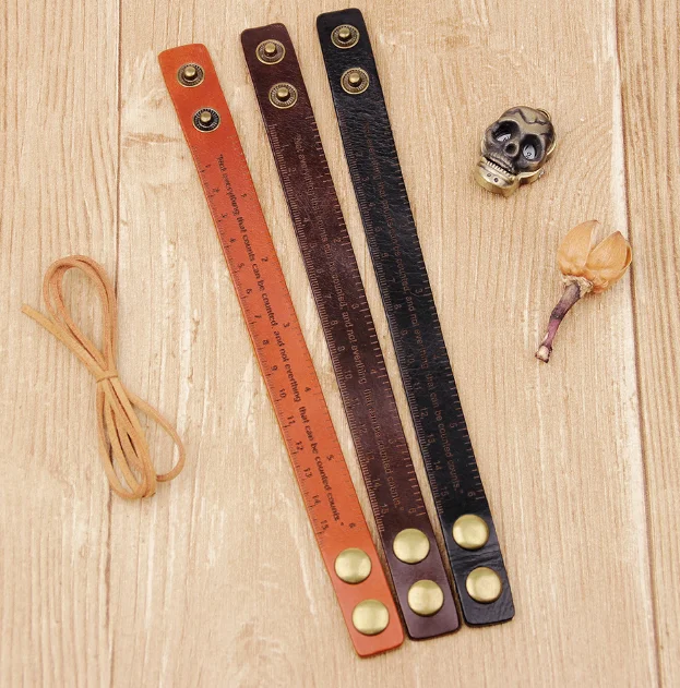 Wholesale Retro Cuff Multifuncti Leather Bracelet Men British style Ruler Cowhide Leather Charm Bracelet Friend Gift