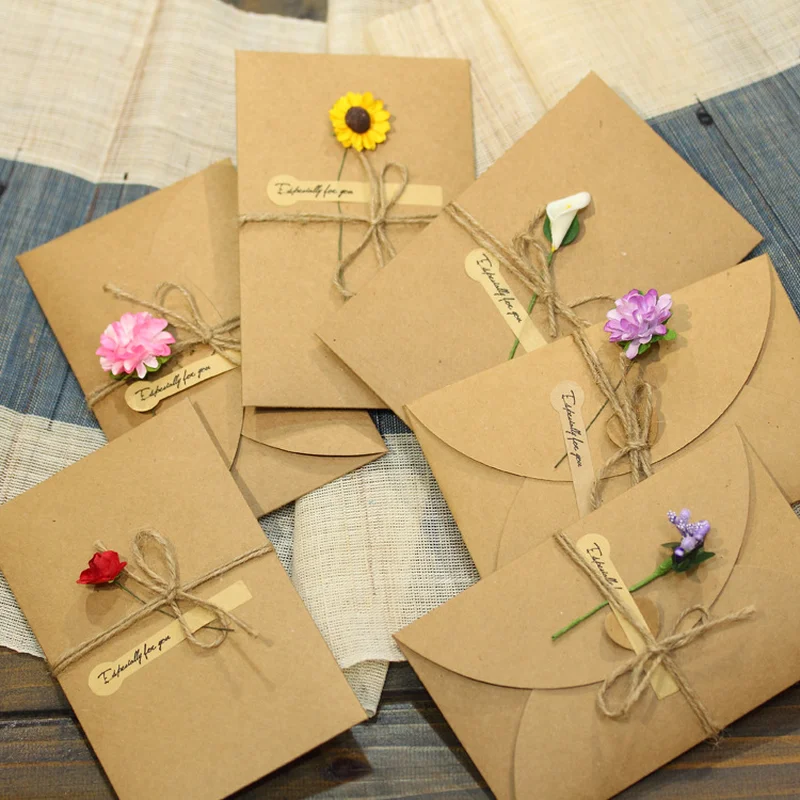 

2PCS DIY Kraft Paper Greeting Cards With Envelope Handmade Dry Flower Invitations Wedding Birthday Party Decoration