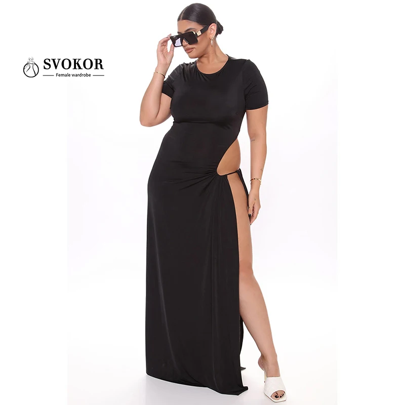 

SVOKOR 4Xl Balck Split Solid Sexy Women Long Dress Split Short Sleeve Woman Dresses Robe Party Waist Large Plus Size Clouthes