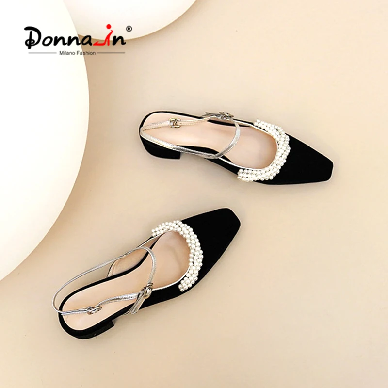 

Donna-in Genuine Leather Women Sandals With Heels String Bead Square Closed Toe 2020 Summer Fashion Women Shoes Velvet Elegant