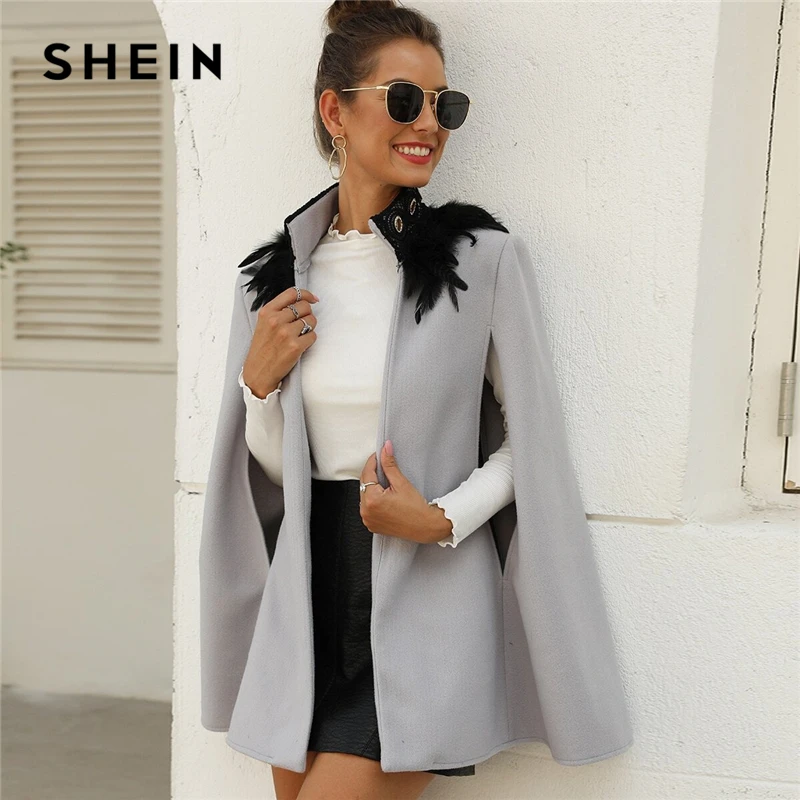 

SHEIN Grey Contrast Feather Tweed Cape Coat Women Long Cape Sleeve High Street Outwear Spring Autumn Solid Elegant Coats