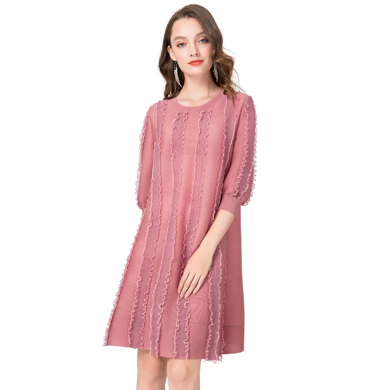 Сетчатые плиссированные вечерние платья в консервативном стиле; женские модные однотонные платья с рукавами три четверти; Платье До Колена с круглым вырезом; Новинка осени