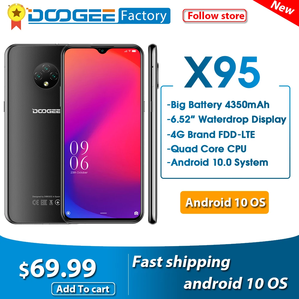 DOOGEE X95 Android 10 4G-LTE Cellphones 6.52″ Display Smartphone MTK6737 2GB 16GB Dual SIM 13MP Camera 4350mAh Mobile Phone