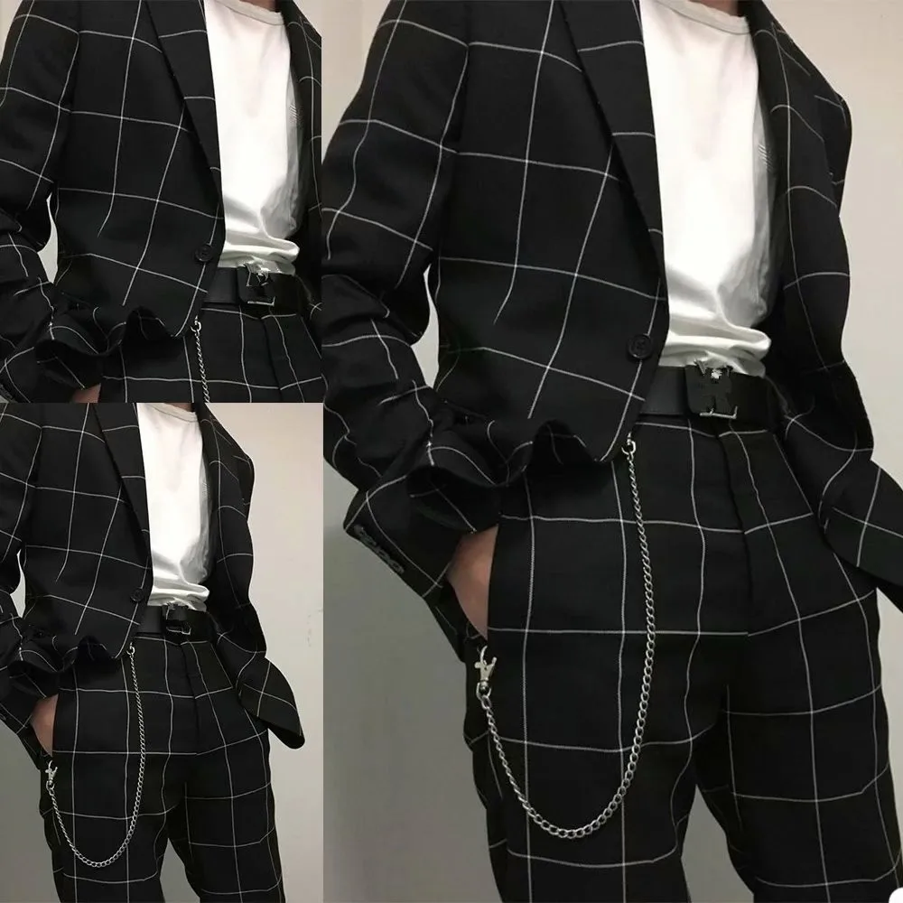 2 Pieces Black Men Suits Plaid Jacket+Pant Custom Made Fit Slim Handsome Suits High Quality Formal Party Suit