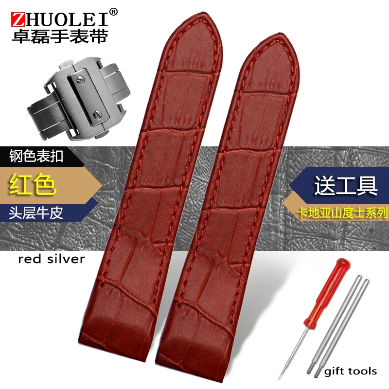 20MM 23MM Crocodile-pattern cowhide strap with butterfly buckle for Cartier Santos men's and women's leather strap - Цвет ремешка: red silvesr