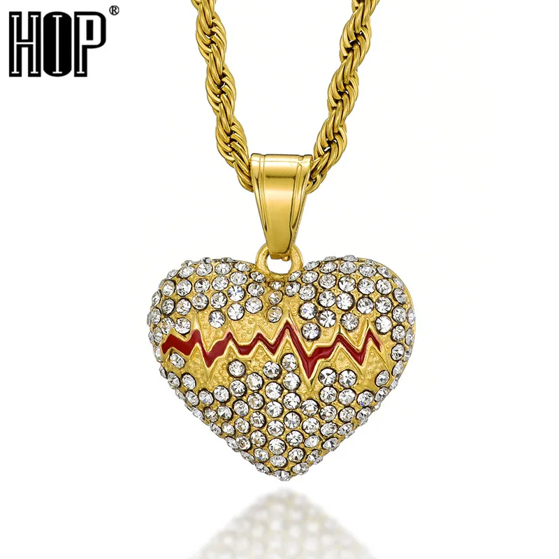 Хип-хоп Золото Цвет Нержавеющая сталь Bling Iced Out Веревка Цепь разбитое сердце