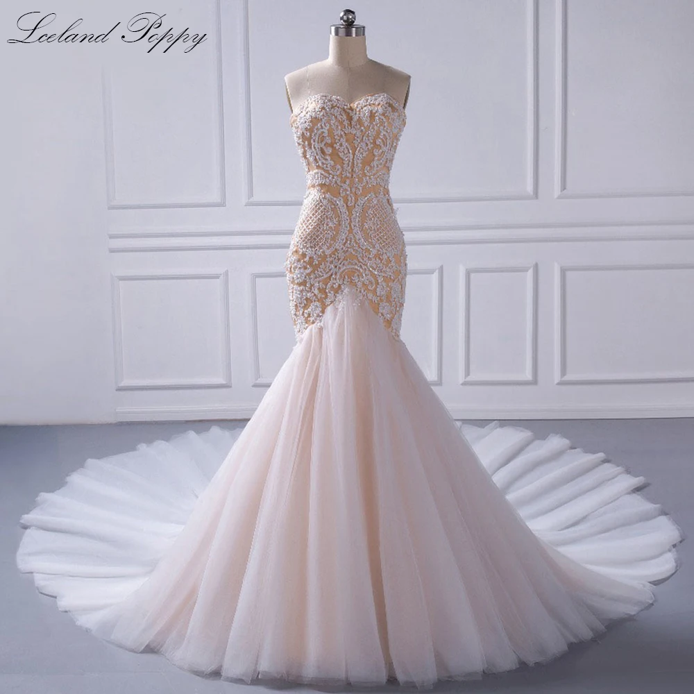 Lceland Poppy Women's Strapless Mermaid Tulle Wedding Dress Sleeveless Lace Appliques Natural Waist Cathedral Train Bridal Gowns | Свадьбы