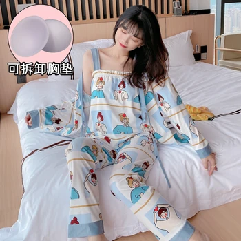 

XIZOU Foply 3 Piece Autumn Winter Floral Printed Pajamas Set Viscose Sleepwear Women Pajamas Sling Top Long Pants Night Suit