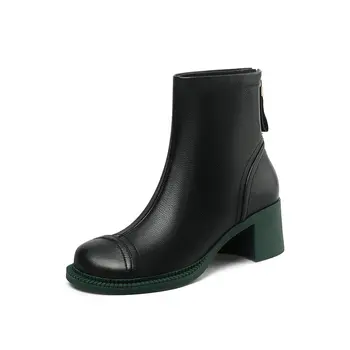 

Genuine Leather Ankle Boots For Women Chunky high Heels Boots motorcycle Shoes Woman Fashion Zipper Party Winter Boots