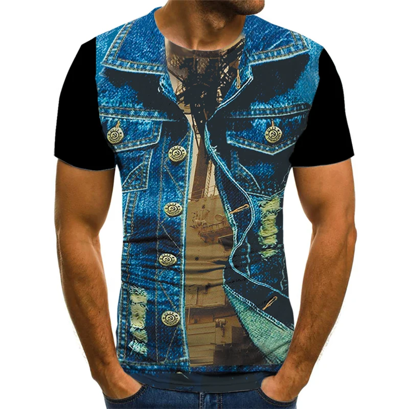 2021 Summer 3D Printed Jacket Suit Fake Pattern T-shirt Fashion Trend Funny Sweatshirt Boy Personalized Casual Shirt