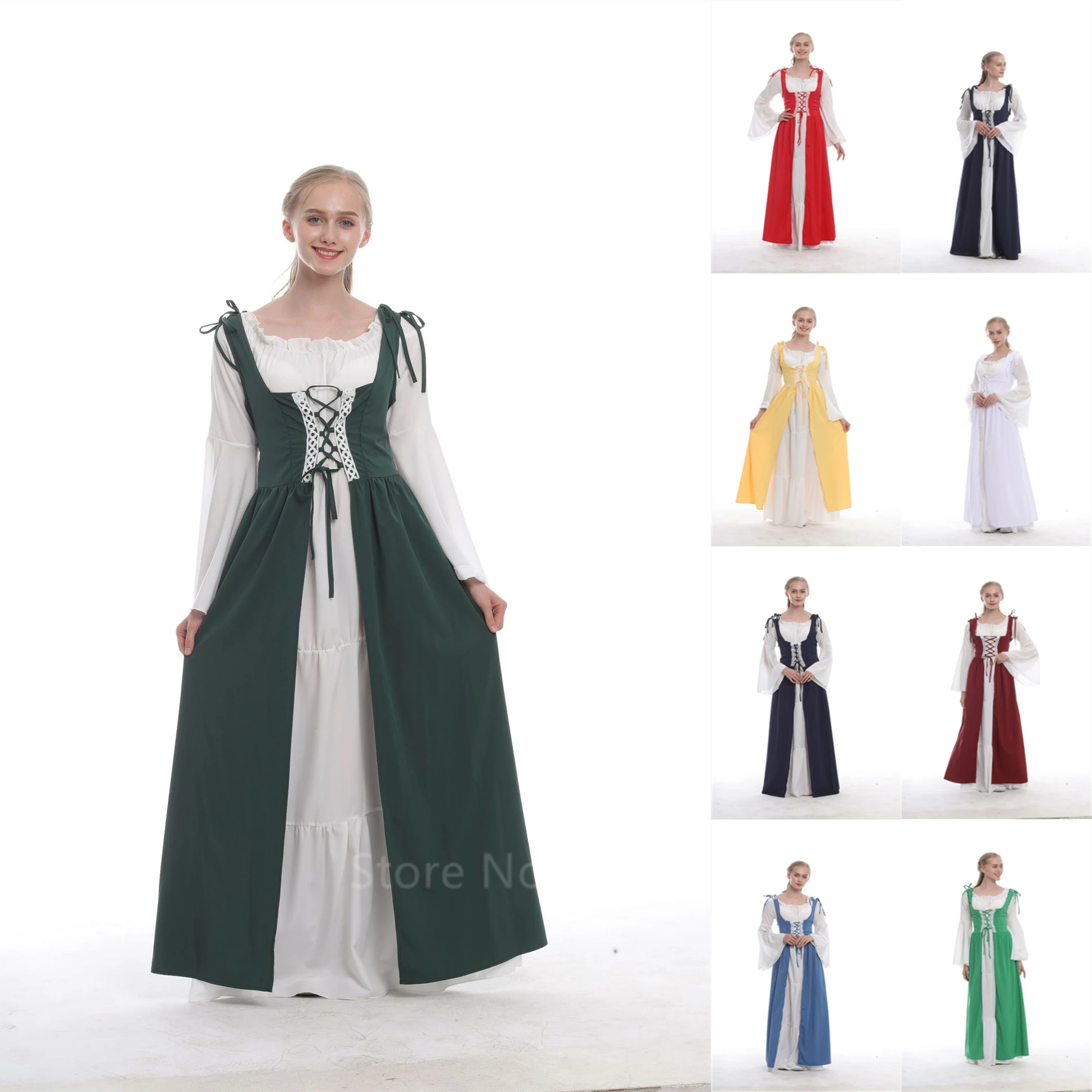 HOOUDO Women's Renaissance Dress Off Shoulder Bell Sleeve Halloween Costume Elastic Waist Smocked A-Line Maxi Medieval Dresses Lace-up Irish Costumes Sale Items Under 10 Pounds