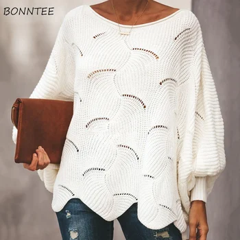 

Sweaters Women Simple Elegant O-Neck Solid Knitted Sweater European Style All-match Womens Loose Soft Lady Long Sleeve Pullover