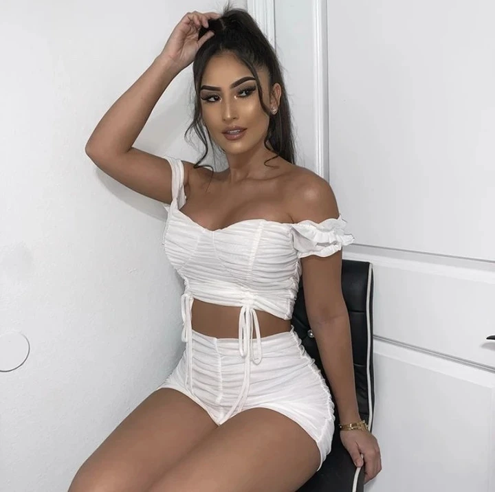 Tobinoone Pleated Summer Crop Top And Shorts Puff sleeve Two Piece Set Women Lace up Bodycon Party Sexy Matching Set 2020