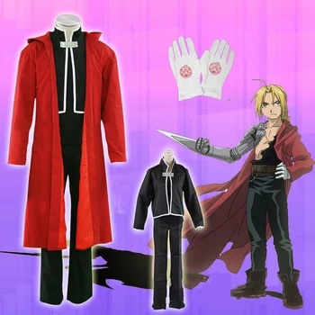 

Japanese Anime Fullmetal Alchemist Cartoon Edward Elric Party Cosplay Costume Men Top Pants Combat Uniform Set Red Jackets Cloak