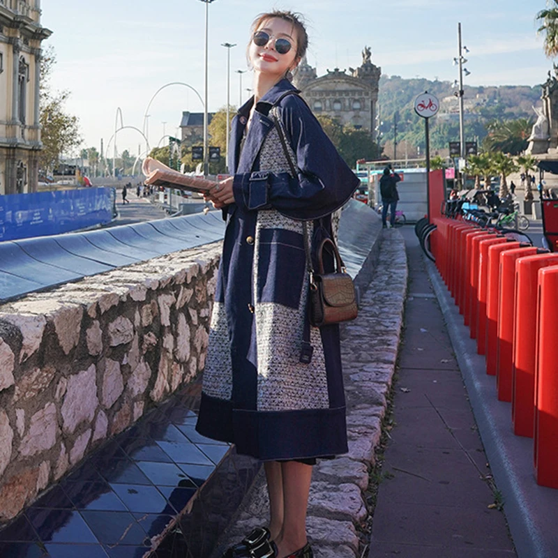 TWOTWINSTYLE Patchwork Denim Trench Coat For Women Lapel Long Sleeve High Waist With Sashes Casual Korean Coats Female Autumn