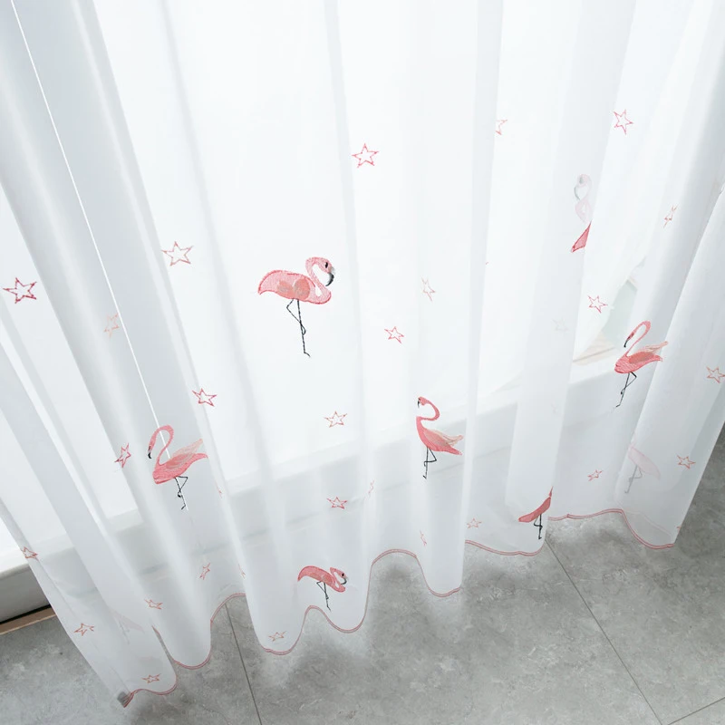 Занавеска с вышитым фламинго для детской комнаты, белый тюль для гостиной, Розовая Занавеска с фламинго для девочки,, WP238#30