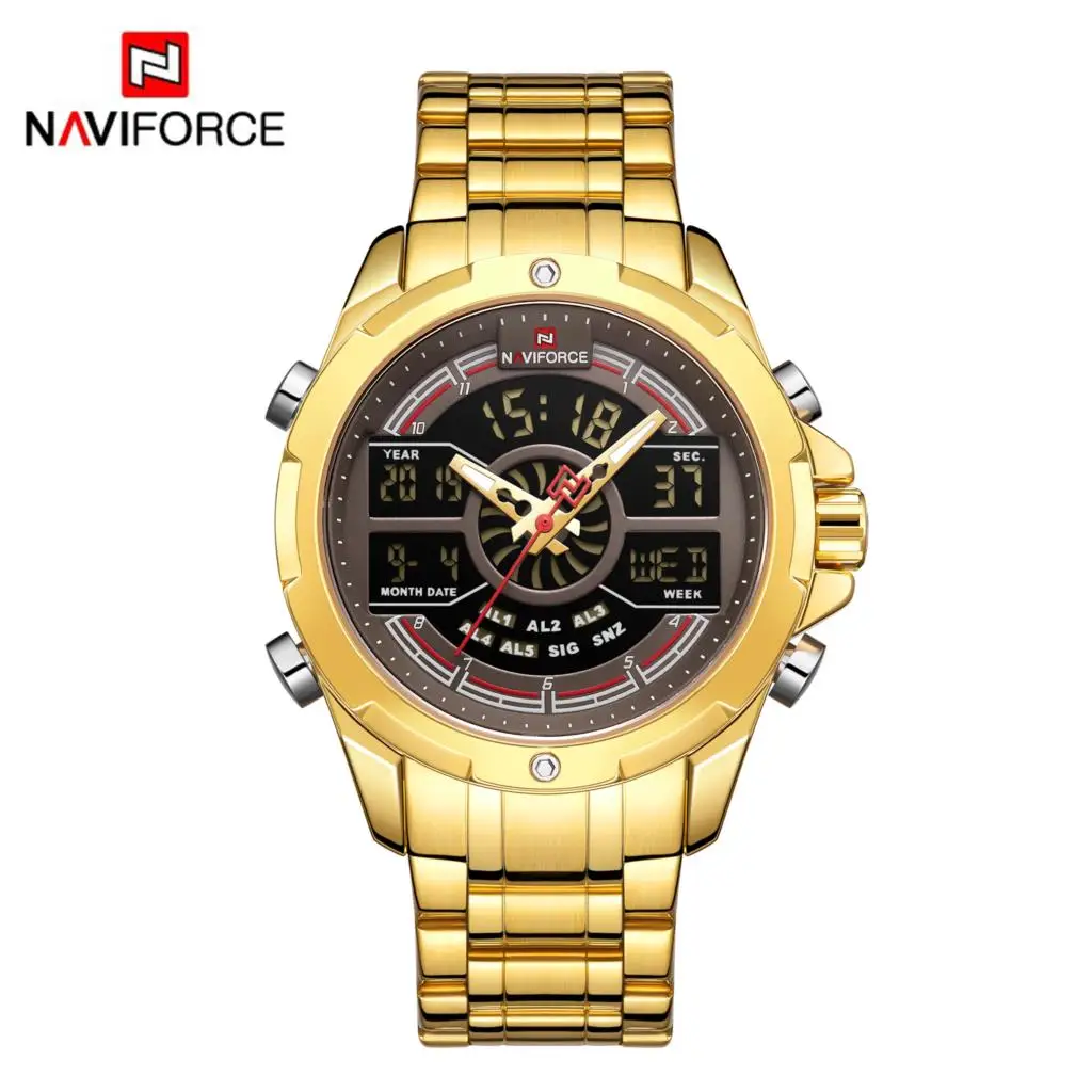 NAVIFORCE Sport Men Watches Fashion Digital Quartz Wrist Watch Steel Waterproof Dual Display Date Clock Gold Relogio Masculino - Цвет: Gold