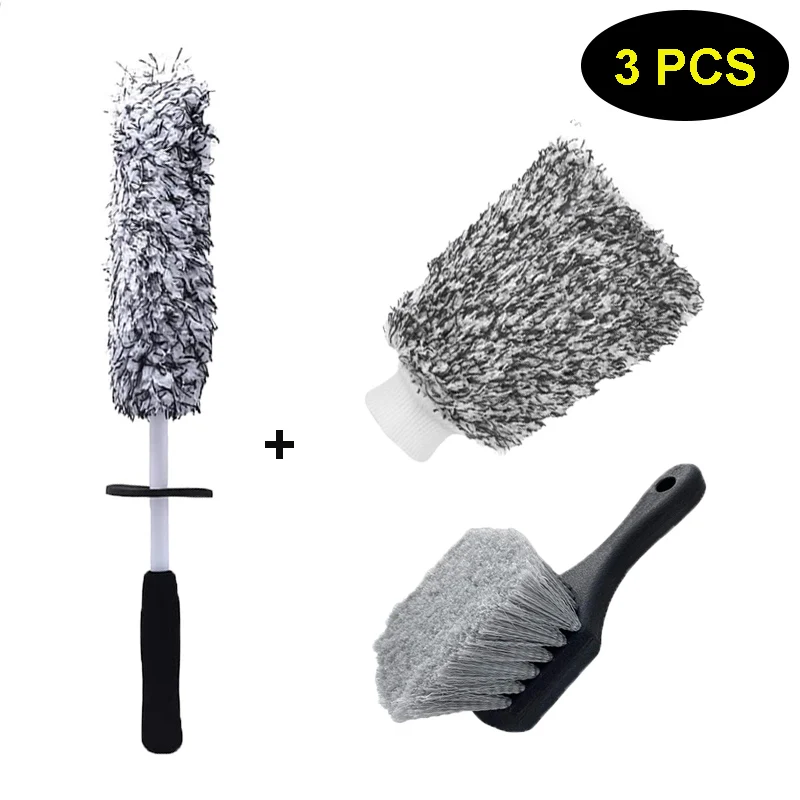 3pcs Microfiber Wheel Rim Brush Set Car Tire Cleaning Brush And Cyclone Microfiber Wash Glove
