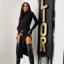 

New Spring Knitted Dress Women Solid High Waist Slit Long Dress Turtleneck Long Sleeves Sexy Slim Dress Female Vestido