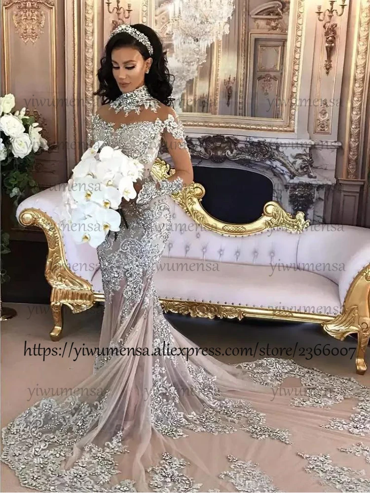 Dubai Arabic Luxury Sparkly 2020 Wedding Dresses Sexy Bling Beaded Lace Applique High Neck Illusion Long Sleeves Mermaid Dress bridesmaid dresses