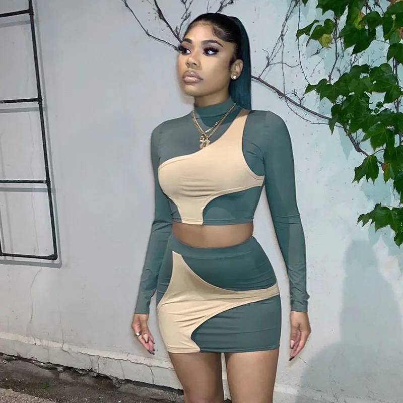

Women Patckwork Print Long Sleeves Autumn Crop Top High Waist Elastic Skinny Mini Skirts Two Pieces Set Female Fashion Outfit