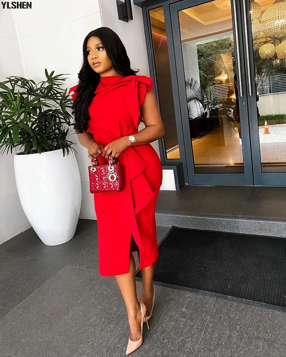 Red Midi Bodycon Dress African Dresses for Women Plus Size Dashiki Summer Clothing Split Evening Party Dress Africa Robe Femme 01