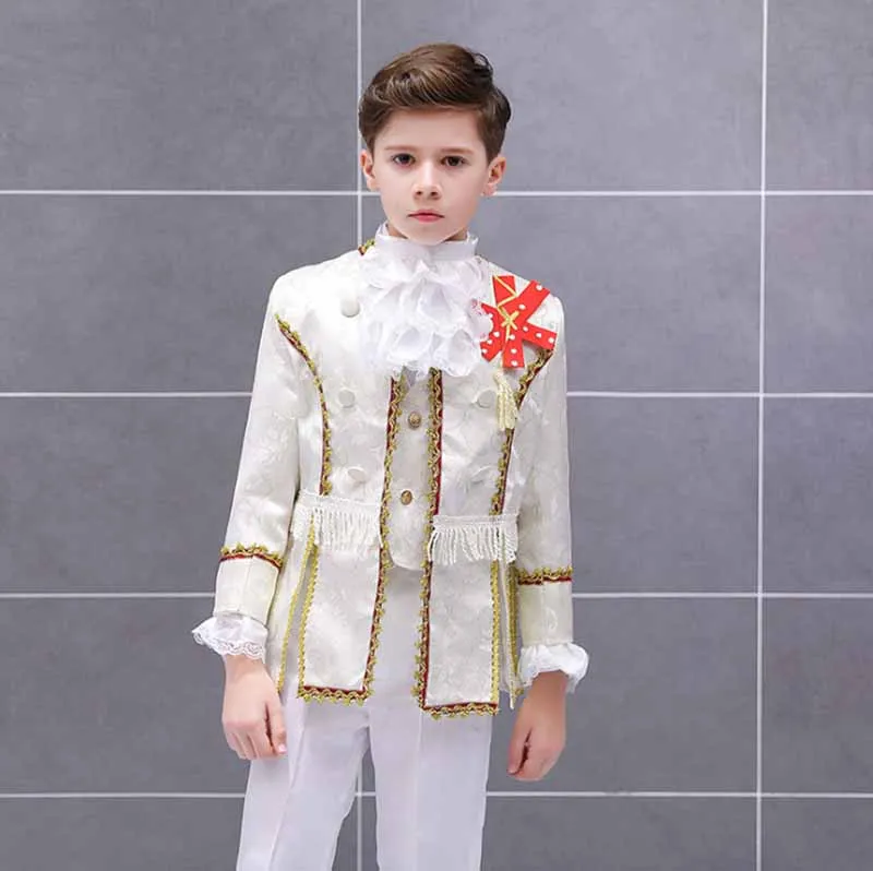White set Комплект из 3 предметов, Детский костюм в викторианском стиле для мальчиков, куртка+ жилет+ штаны, наряд для костюмированной вечеринки нарядное платье подарок на день рождения для мальчиков, Детская От 3 до 14 лет - Цвет: White set