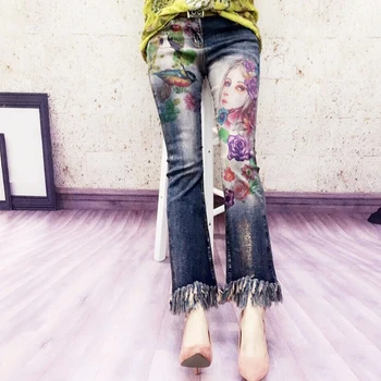 

Flare Jeans for Women Spring Autumn New European Goods Industrial Coloured Drawing Bronze Cool Printed Trumpet Jeans Denim Pants