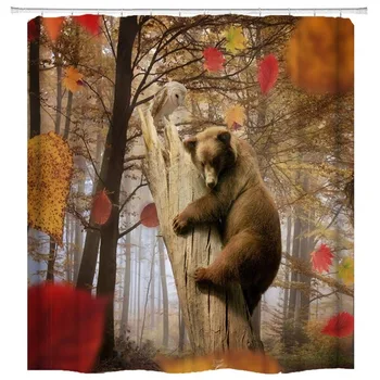 

BBSET Fall Theme Bear Owl Forest Printing Shower Curtain Sets Bathroom Decor Waterproof Washable Rideau De Douche
