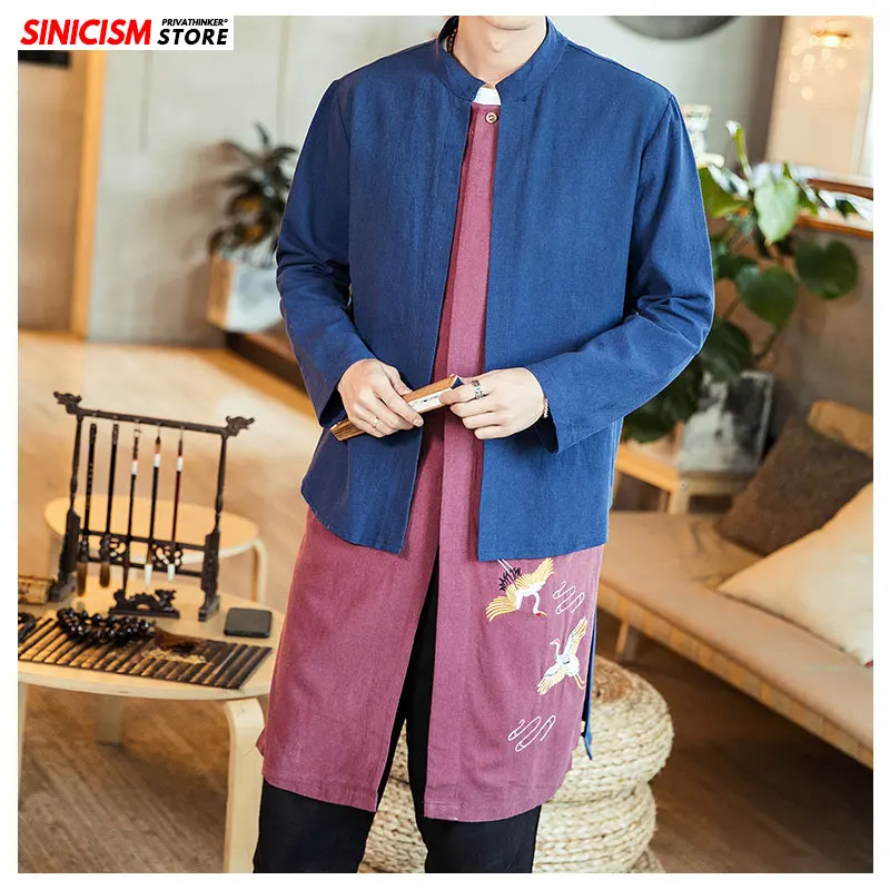 Sinicism Store, мужской комплект из двух предметов с вышивкой, Тренч, мужские длинные Лоскутные пальто в китайском стиле, мужские осенние, винтажные свободные тренчи