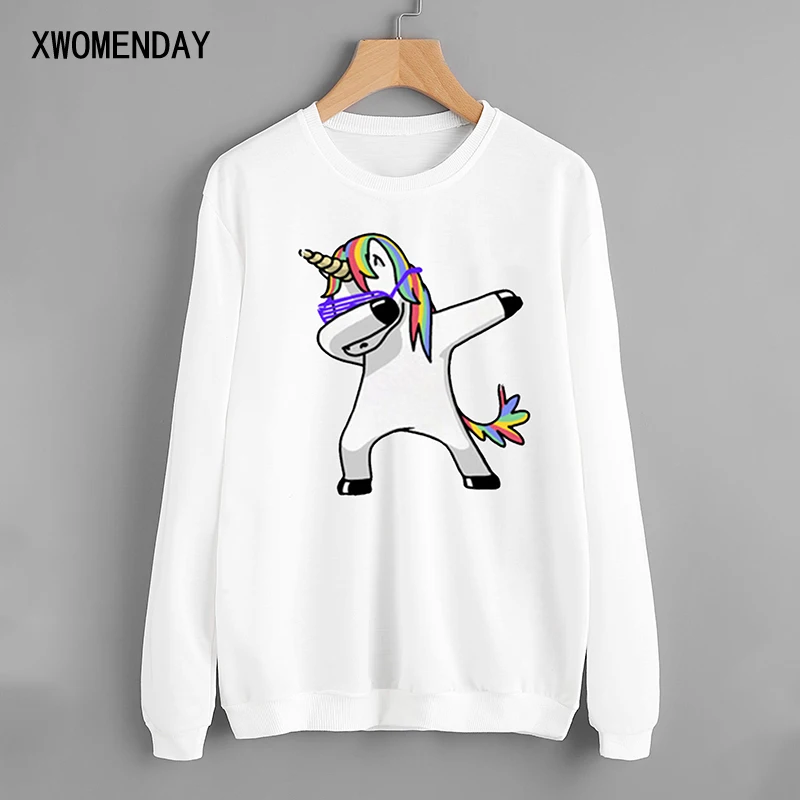 

Autumn Winter womens Long Sleeve Warm Pullover Round Neck White Sweatshirt Unicorn Printing Tops Lady Loose Casual Clothes