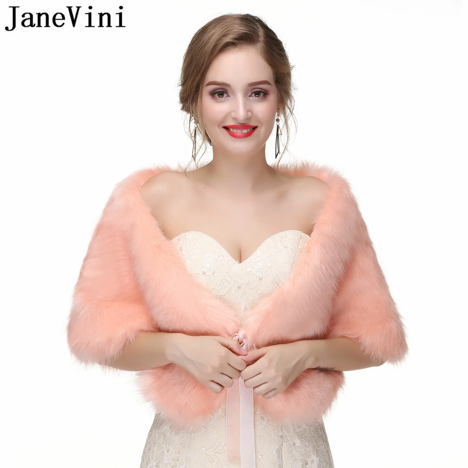 JaneVini 2021 Faux Fox Fur Wrap Cape Bride Jacket for Dress Wedding Boléro Femme Pink Black Fur Bridal Shawls Winter Chal Blanco