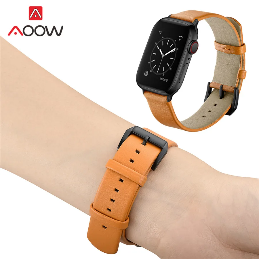 Желтый ремешок из натуральной кожи для часов Apple Watch 5 4 38 мм 42 40 44 Мужской Женский