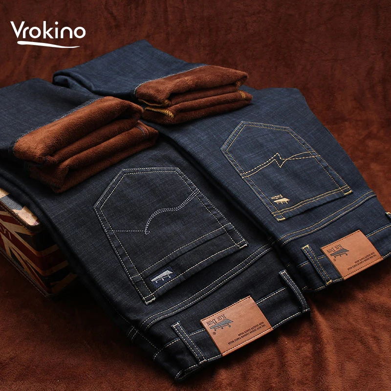 

2019 Winter Plus Velvet Thick Jeans Men's Stretch Straight Warm Trousers Men's Business Casual Wool Trousers Two Models