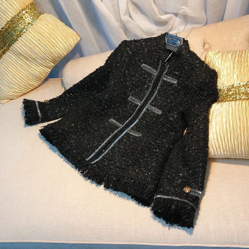

New temperament black collar small fragrance tweed retro self cultivation net light luxurious short jacket coat