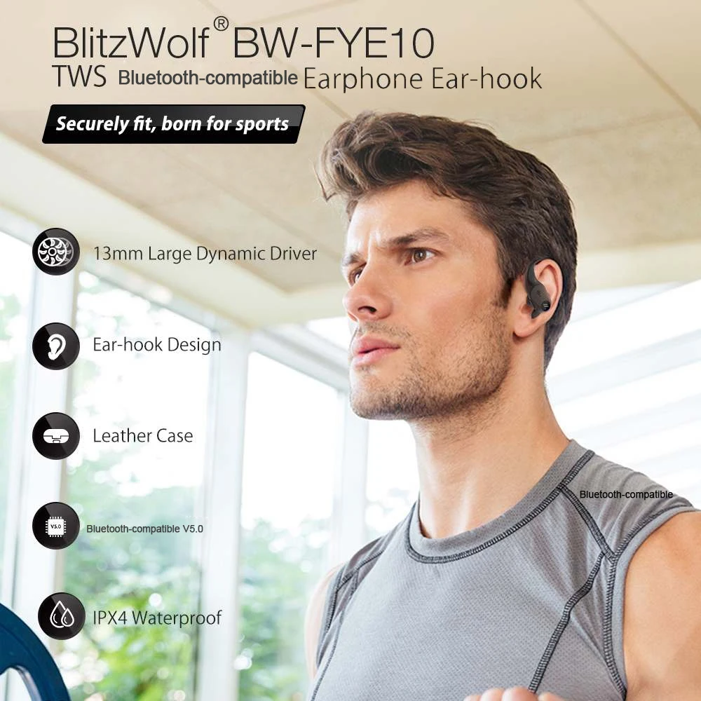 BlitzWolf BW-FYE10 TWS Bluetooth-compatible 5.0 Earphone Waterproof Wireless Earphone Sports Earhooks Earbuds Hi-fi Stereo Sound