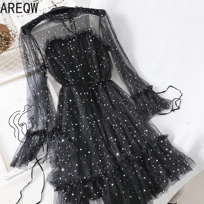2021 New Women Summer Clothing Bling Bling Sequined Long Sleeve Dress Elastic Slim Mesh Gauze Tulle  Dress
