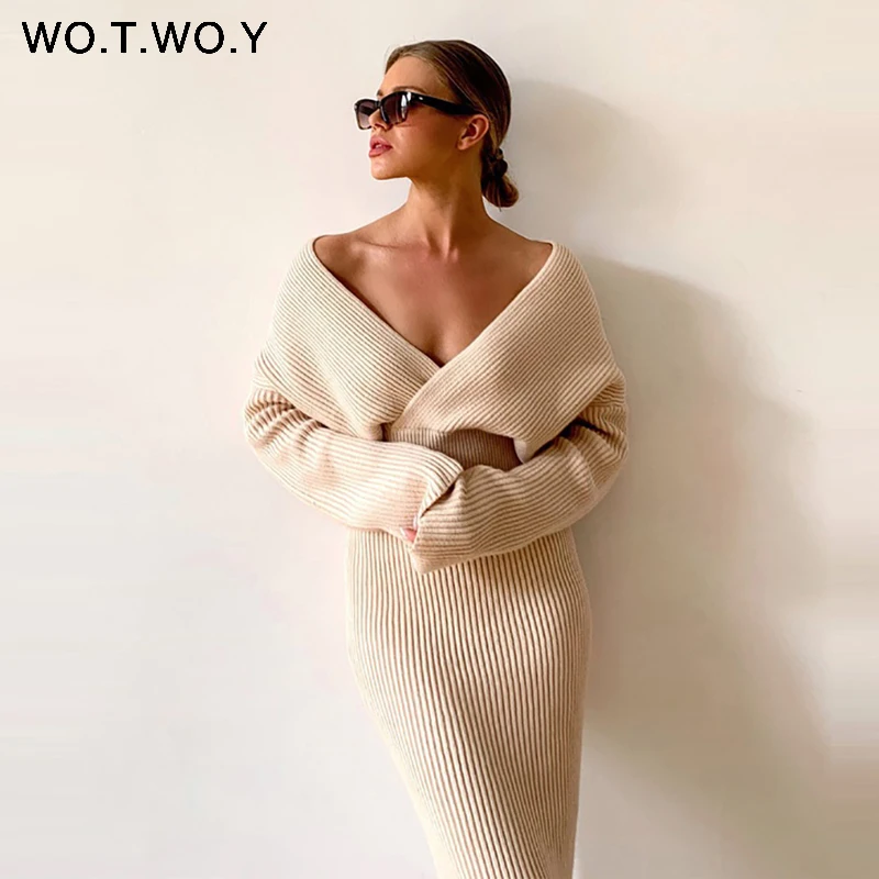 

WOTWOY Sexy V-Neck Sweater and Skirt Knitted Two Piece Set Women Split Wrapped Skirt and Cropped Top Set Women 2020 Autumn Suits