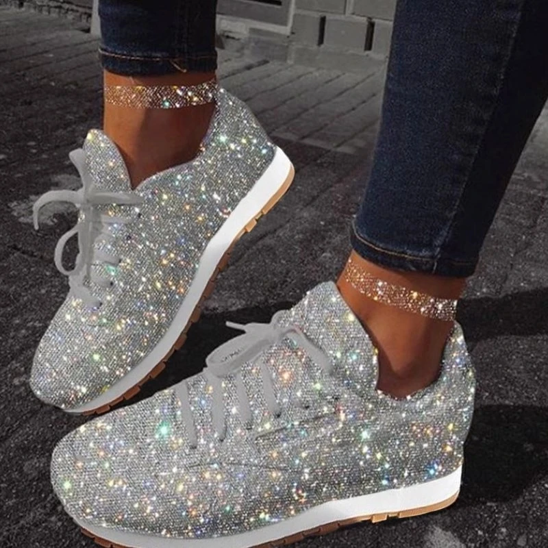 

New Women Flat Bling Sneakers Spring Mesh Vulcanized Shoes Female Lace Up Ladies Platform Comfort Casual Plus Size Fashion
