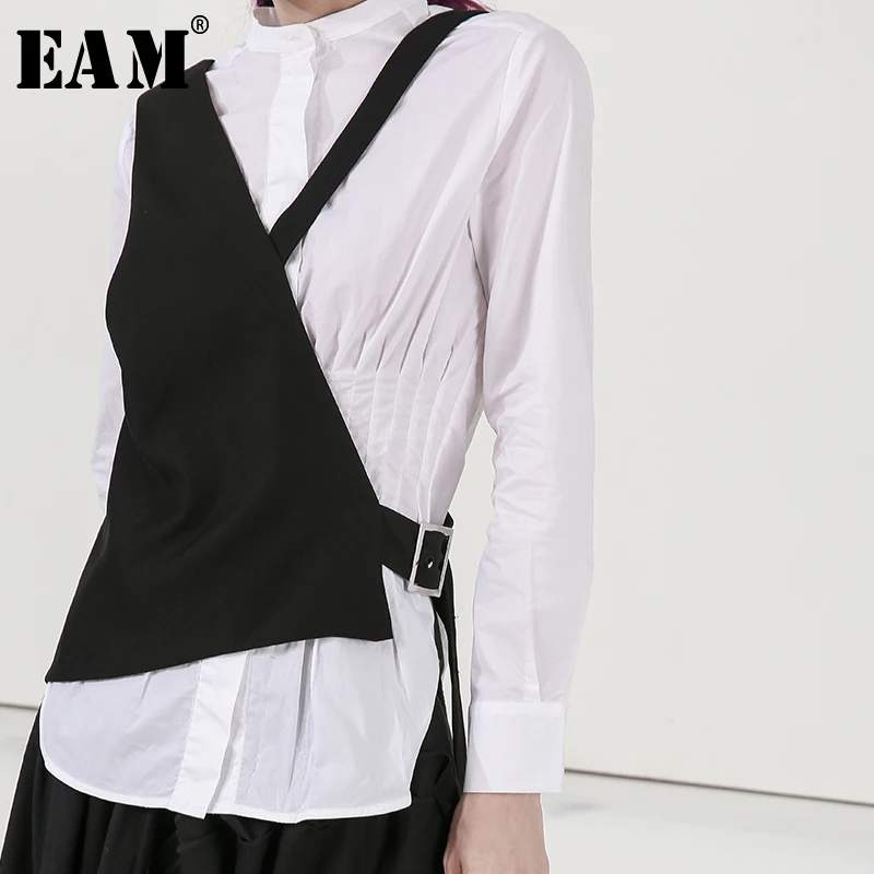 

[EAM] Women black Asymmetrical bandage adjustable Loose Fit Vest New Sleeveless Fashion Tide Spring Autumn 20191B791