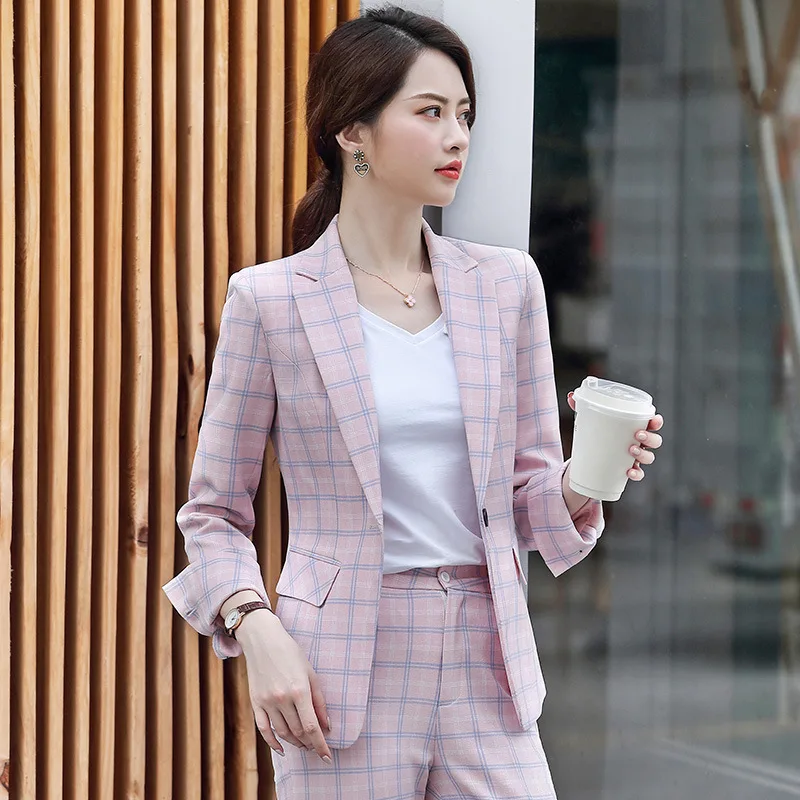 

Women's pink plaid suit suit women's fashion casual temperament commuting suit jacket pants profession women two piece outfits