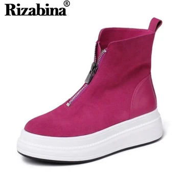 

RIZABINA Thick Bottom Ankle Boots Genuine Leather And Flock Footwear Fashion Zipper Flat Shoes Casual Daily Shoes Size 34-40