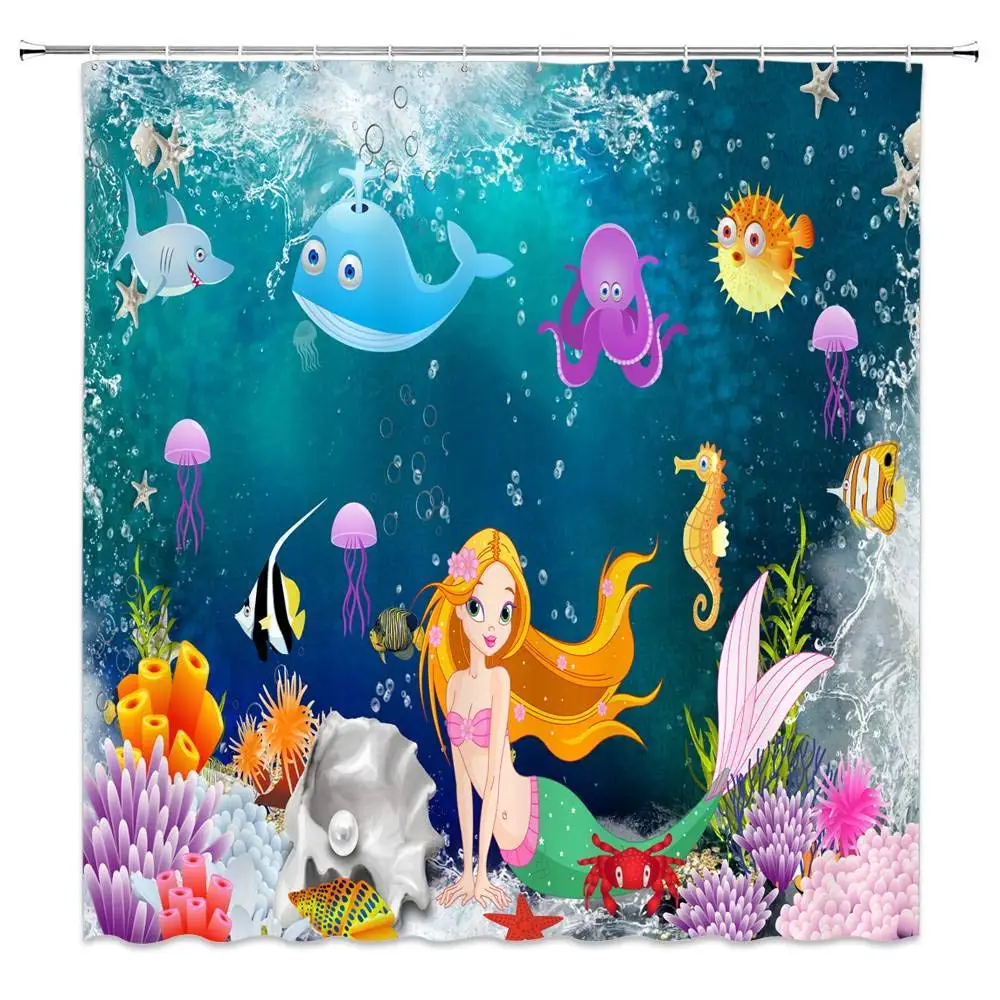 

Cartoon Mermaid Shower Curtain Underwater Cute Kids Creative Fairy Tale Ocean Life Myth Octopus Dolphins Whale Coral Seahorse