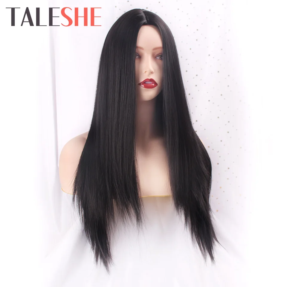 TALESHE Black Long Straight Synthetic Wigs for White /Black Women Middle Part Ombre Brown Gray Red Natural African American