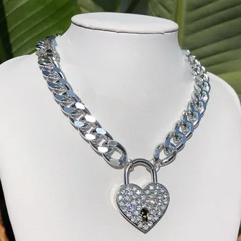 

100% Stainless Steel Iced Out Blin Heart Necklace For Women Heavy Streetwear Chain Metal Heart Lock Padlock Choker Collar
