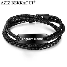 AZIZ BEKKAOUI три слоя гравировка имя черный кожаный браслет из нержавеющей стали мужской браслет индивидуальные ювелирные изделия